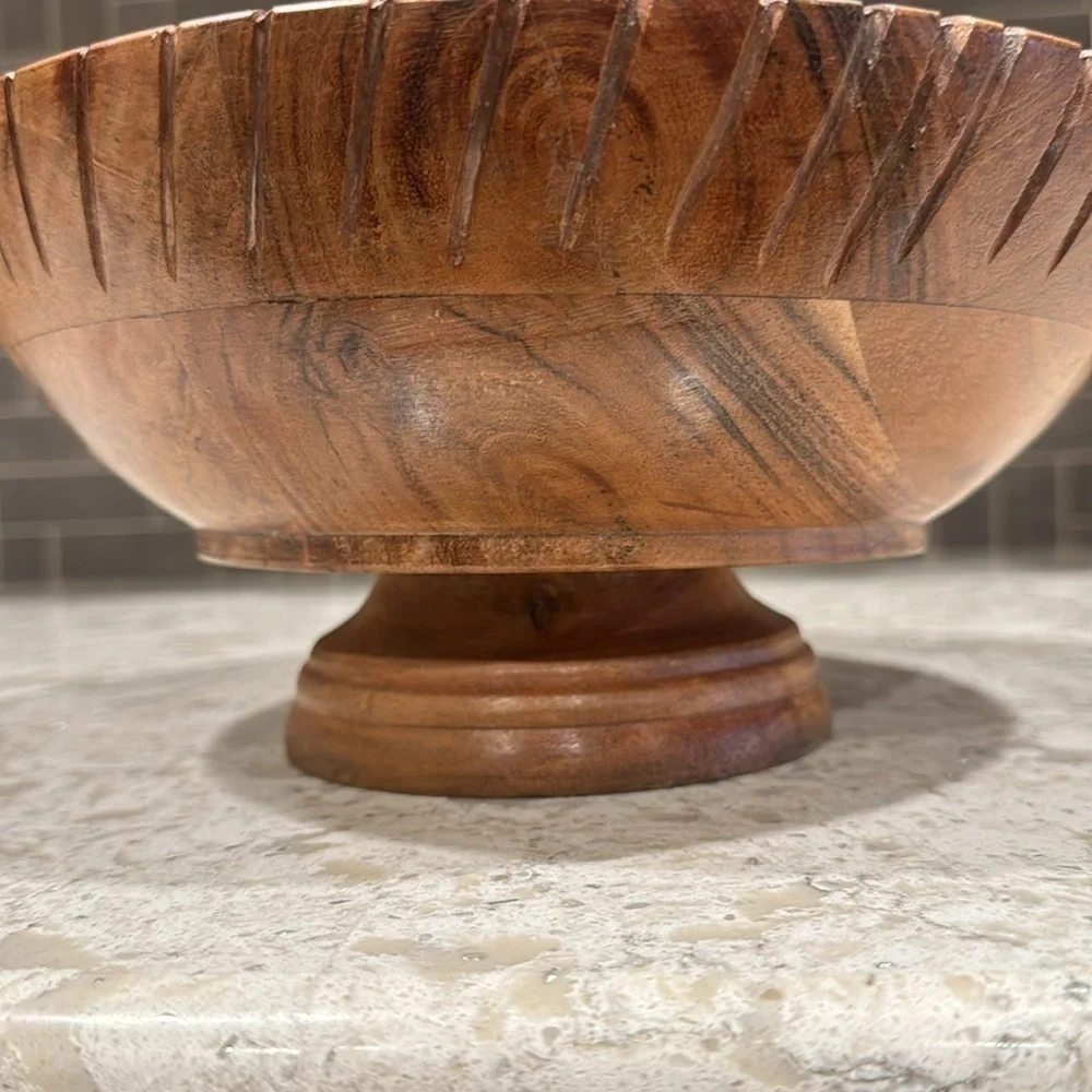 HANDCRAFTED~WOODEN BOWL WITH PEDESTAL~USE FOR FRUIT~FLOWERS~MADE IN INDIA~G222